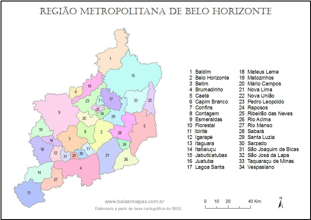 Mapa com os 34 municípios da Região Metropolitana de Belo Horizonte - RMBH